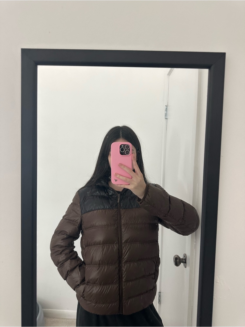 Brown Puffer Jacket with Black Yoke - Women's Warm Coat